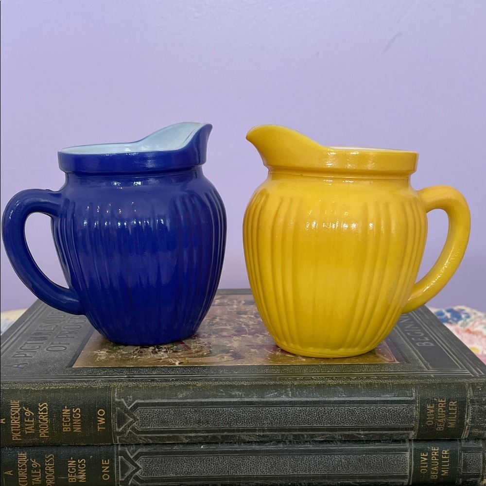 Blue and Yellow vintage hazel atlas Ceramic creamers